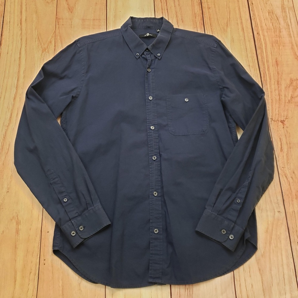 7 For All Mankind Shirt Mens Medium Navy Blue Button‎ Down Long Sleeve Cotton